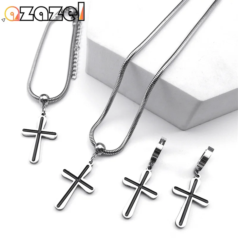 

Stainless Steel Cross Pendant Jewelry Sets for Women Men Silver Color Snake Chain Religious Faith Necklace Earring Bracelet Gift