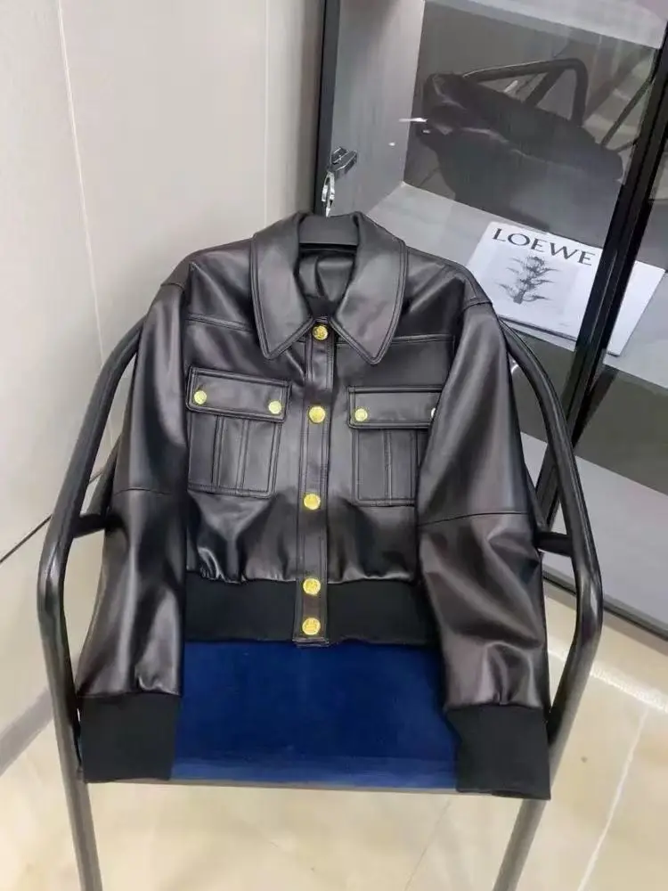 Luxury Women's Black Leather Jacket PU Leather Coat Spring Autumn Metal Button Pocket Outerwear Streetwear Short Top Long Sleeve