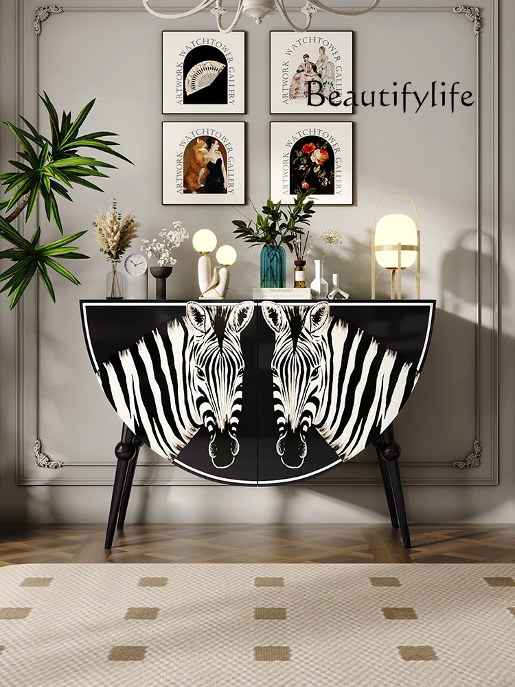 French Entry Lux Sideboard Cabinet Modern Minimalist Painted Zebra Pattern Living Room Art Decoration Locker