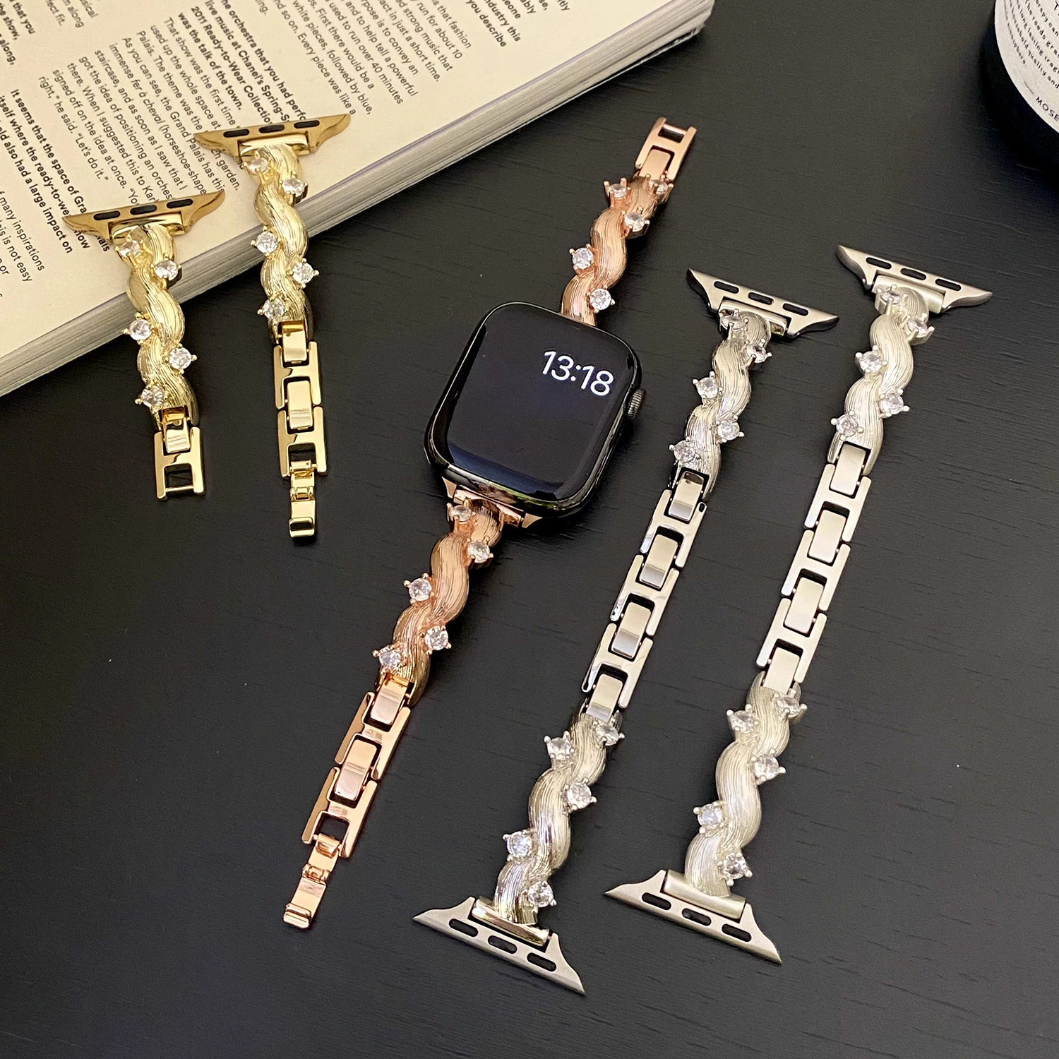 الروطان مطعمة الماس النحاس حزام معدني لساعة أبل S111 S10 46/42 الترا 49 مللي متر 45/44/41/40/38 مللي متر أنثى هدية ل iwatch S8 SE #6