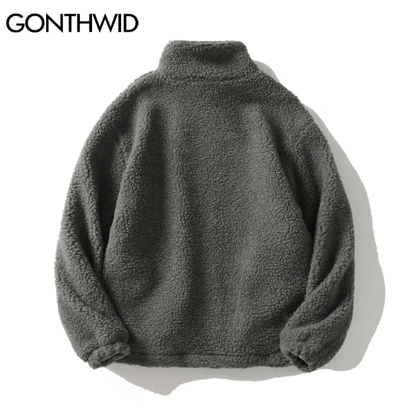 GONTHWID Harajuku Streetwear Fleece Jackets Solid Color Casual Loose Full Zipper Coats Hip Hop Winter Fashion Loose Warm Tops