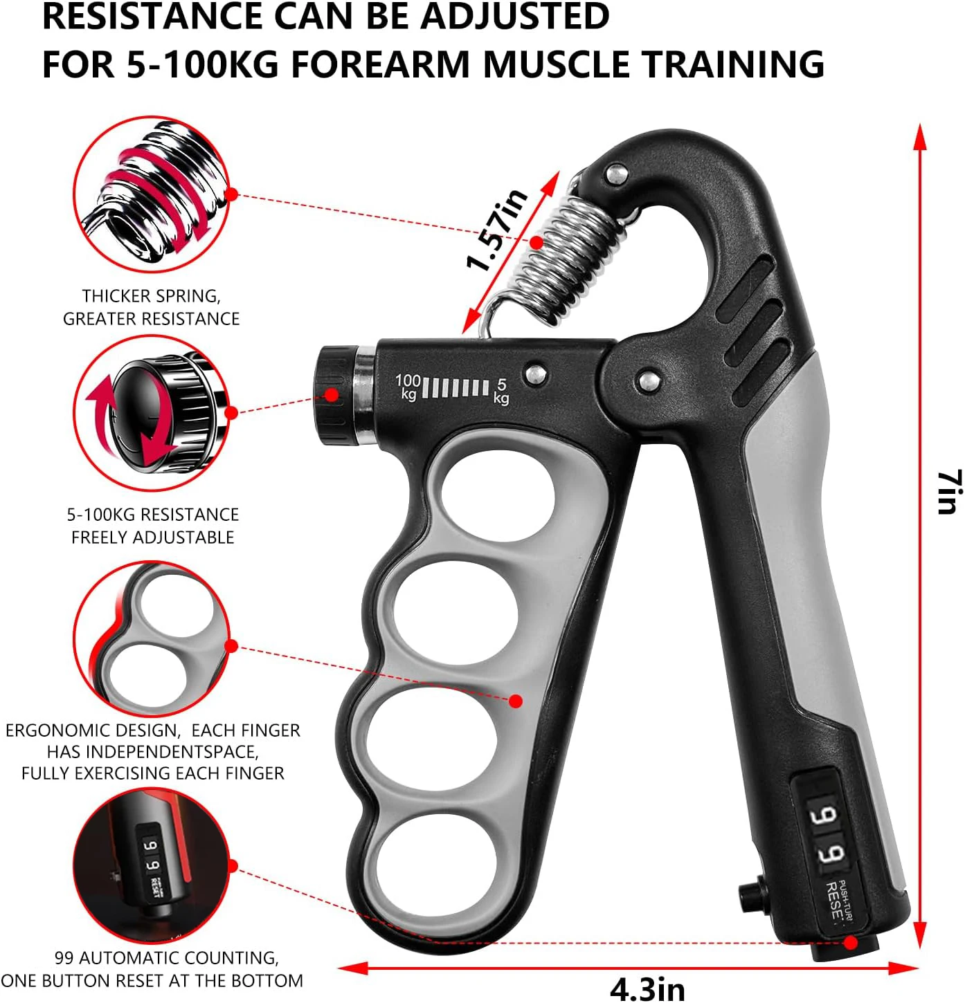 5-100 KG Adjustable counting grip strength device finger trainer hand exerciser arm strength training device