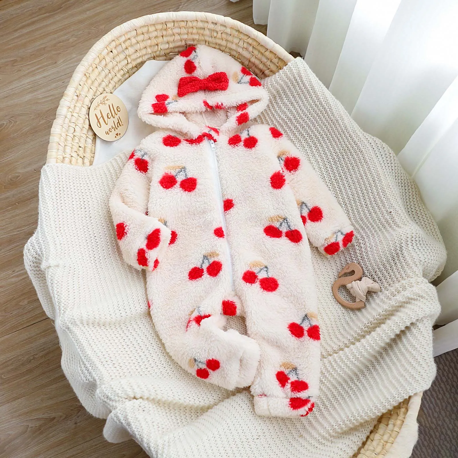

2025 Long Sleeve Romper Baby Girl Newborn Fall And Winter Cute Cherry Printed Hooded Jumpsuit Cold Weather Coldproof Clothes