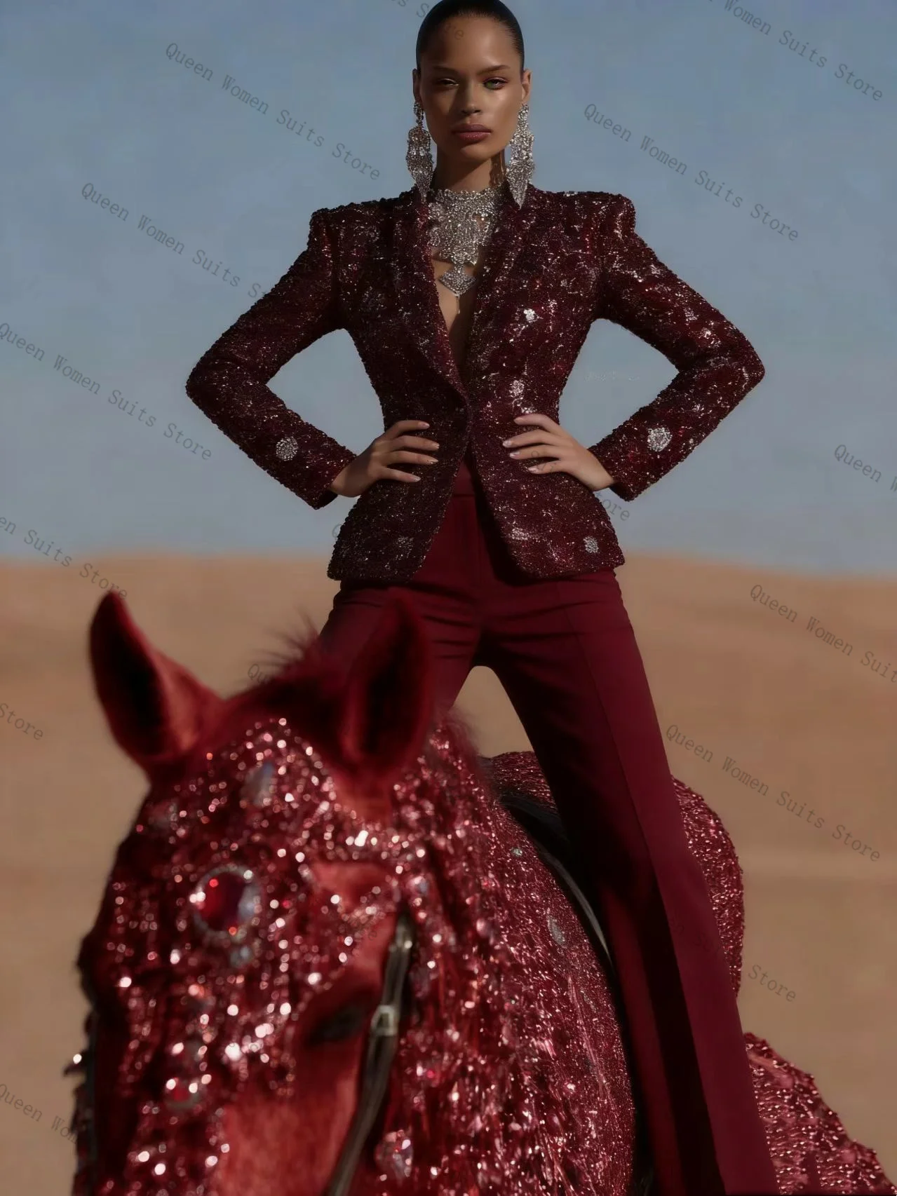 

Burgundy Lace Beaded Women Suit Pants Set 2 Pcs Blazer+Trousers Prom Formal Business Office Lady Jacket Wedding Coat Customized