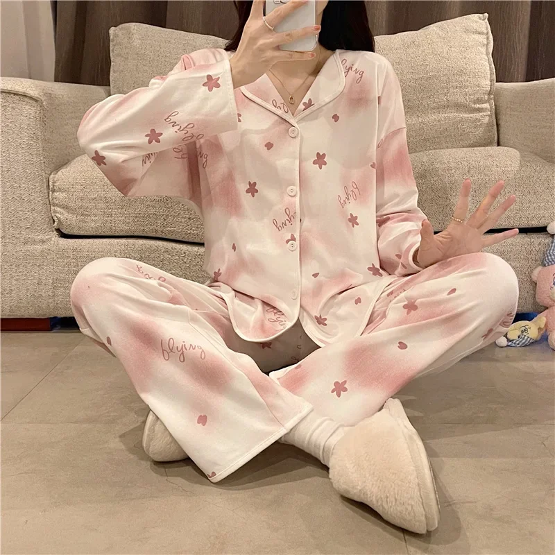 Cartoon Printing Spring and Autumn New Pajamas Women's Cardigan Long-sleeved Sweet Casual Cute Loungewear Two-piece Pajamas