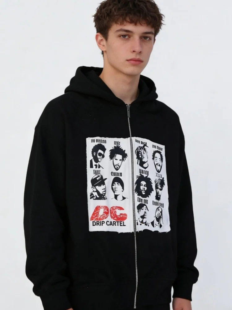 Neue Ankunft Menschlicher Kopf Applikation Stickerei Lose Zip Hoodie Unisex Langarm Sweatshirt Casual Streetwear