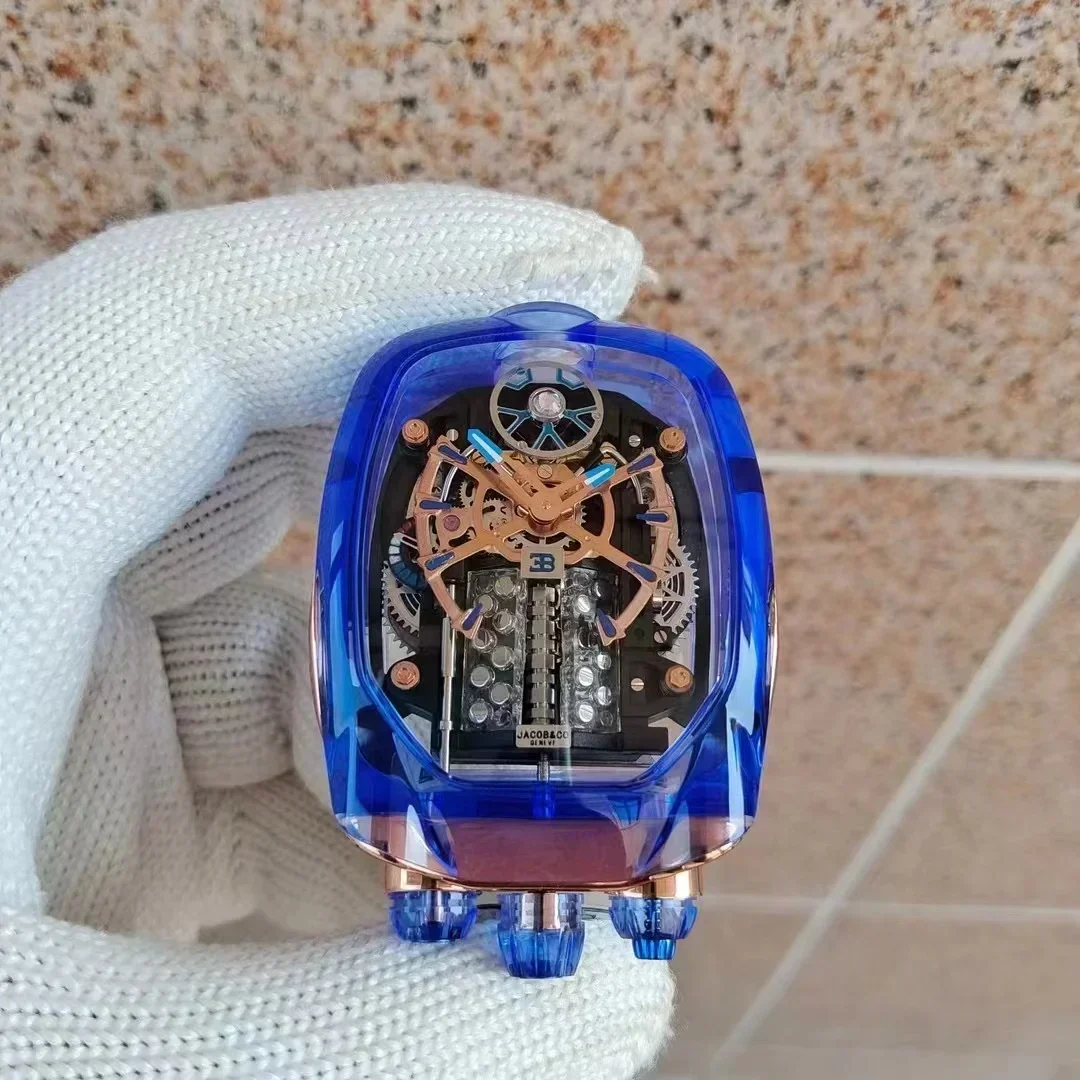 2024 Latest Bugatti JACOB Mechanical Watch Sixteen cylinder engine transparent waterproof men\'s watch giv tourbillon