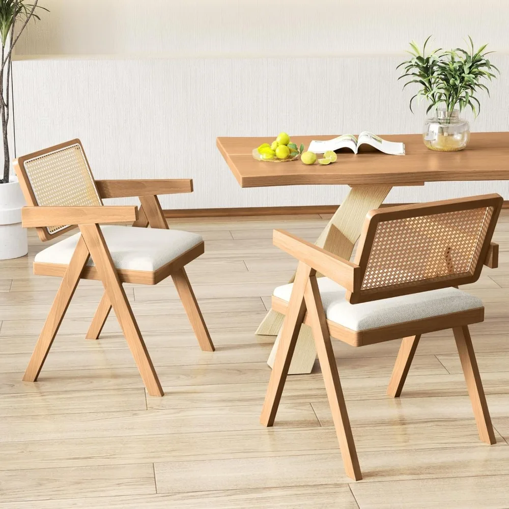 

Rattan Dining Chairs Set of 2, Fabric Kitchen Chairs w/Armrests & Padded Cushion, Rubber Wood Frame, Mid Century Armchairs