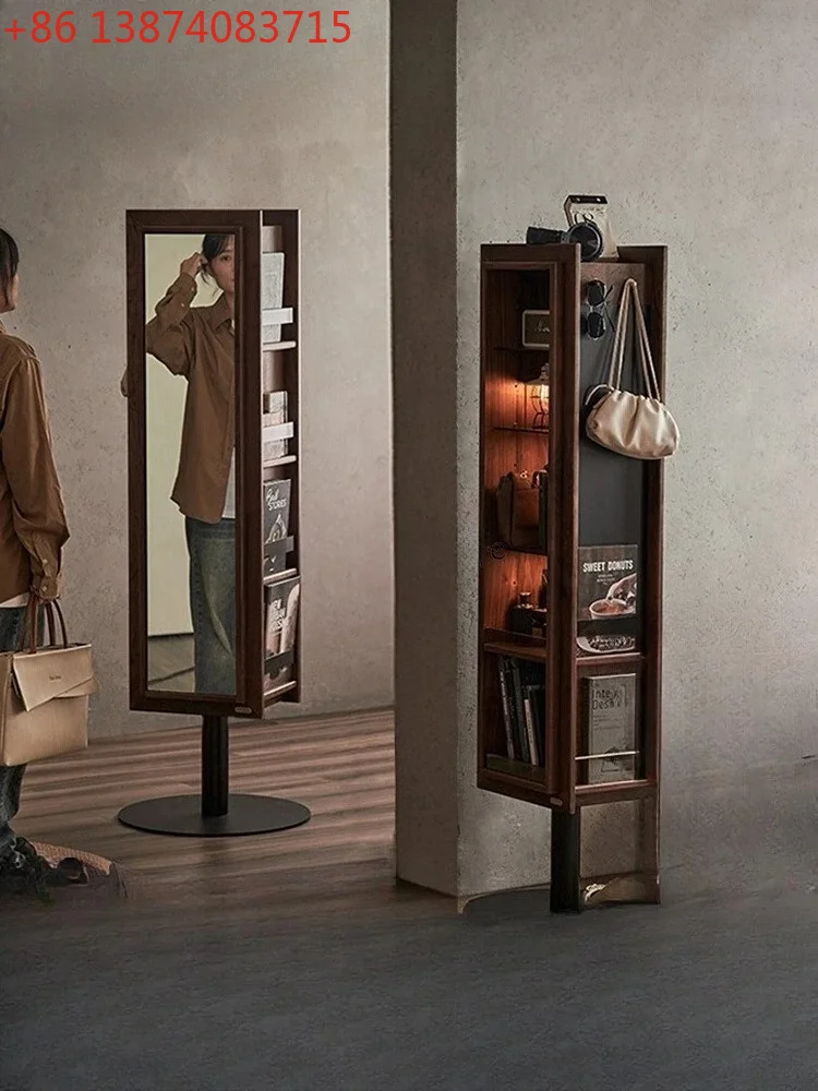 Solid wood rotating mirror cabinet bedroom household magazine rack floor-to-ceiling full-length mirror