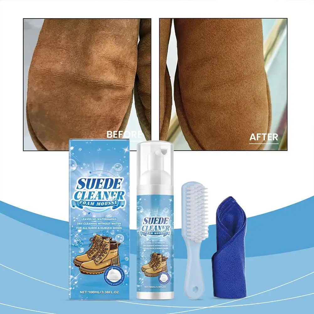 Kit de limpieza de gamuza, espuma de limpieza en seco sin lavado, descontaminación universal para zapatos mate de piel de oveja, cuidado de zapatillas de cuero, 100ml