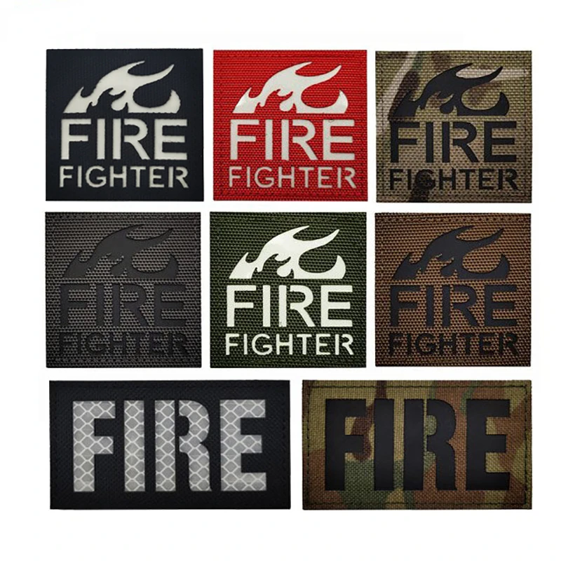 FIRE Mini Reflective Magic Sticker Glow in the Dark Firefighter Fire Fighter Rescue Team Tag Hook and Loop Military Patches Ring