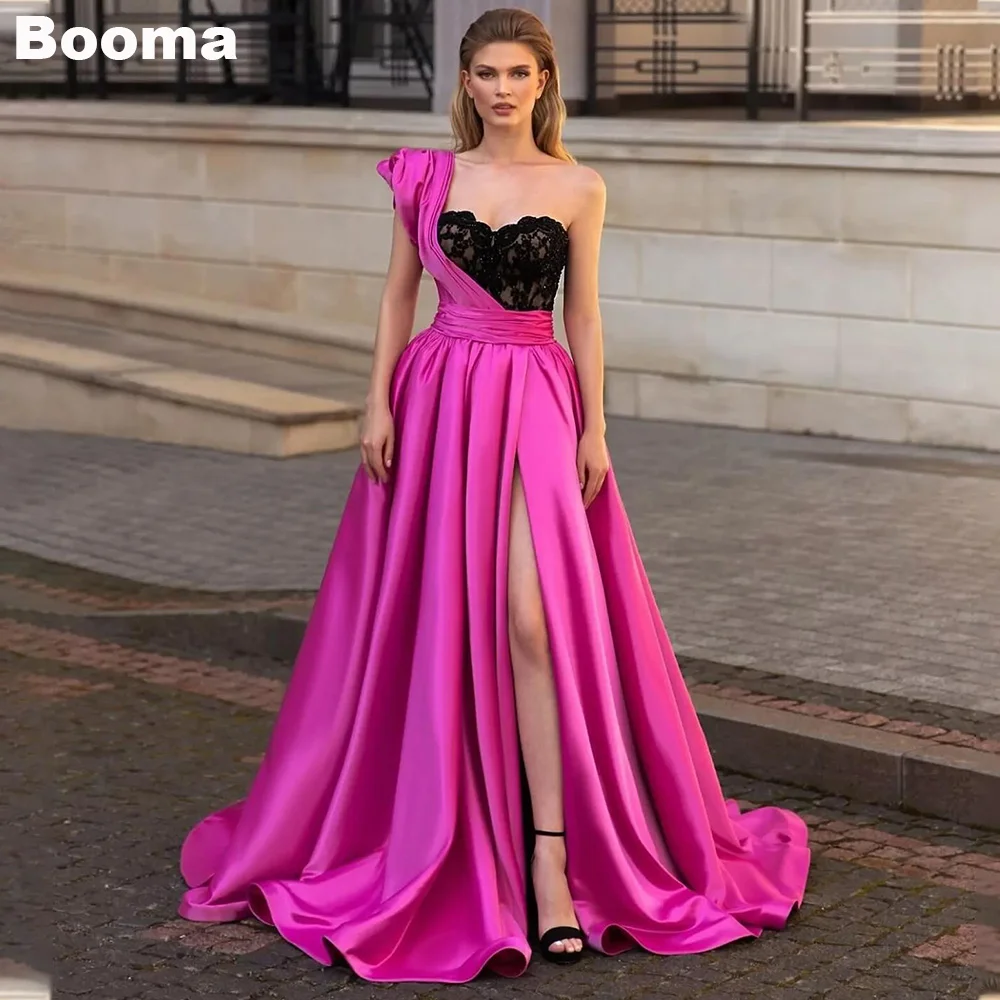 

Booma Elegant A-Line Evening Dresses One Shoulder Pleat Lace Formal Party Gowns for Women High Side Slit Long Prom Dress