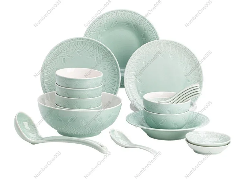 Celadon Ceramic Tableware Set 20 Piece Light Green Glaze Wheat Pattern Bowl Plate Dining Set