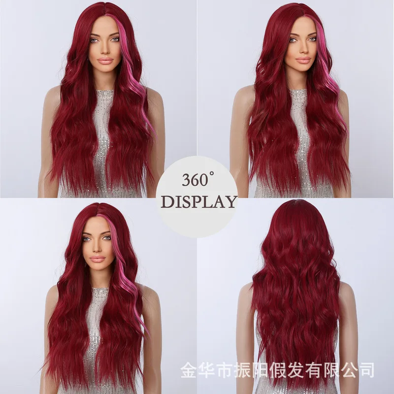欧米風人気のハイライト入りミドル分けロングカールヘアウィッグ（女性用）、スタイリング可能、ファッショナブルで高級感あり