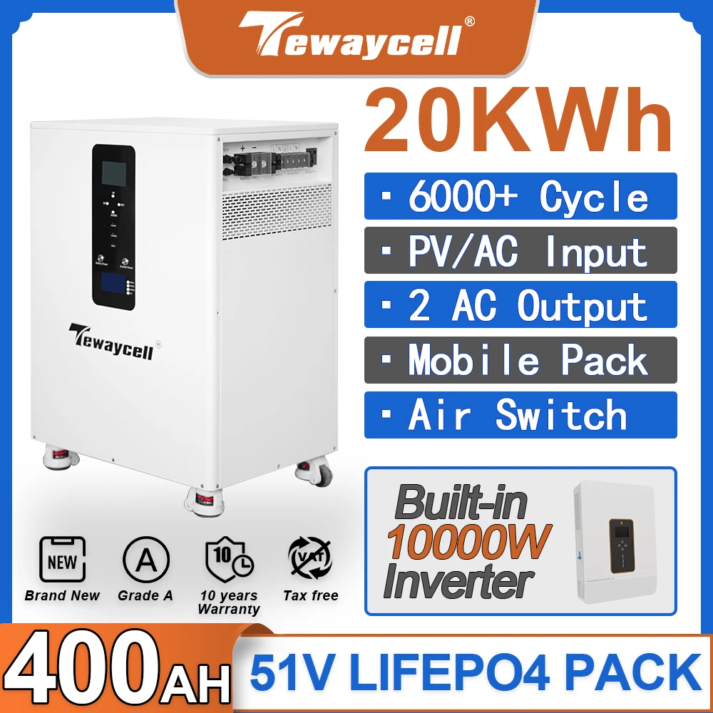 Tewaycell 20KWh Powerwall 51V 48V 400Ah akumulator LiFePO4 Buitl-w 200A BMS może RS485 monitorować falownik solarny 10KW