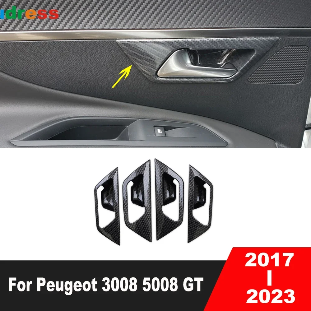 For Peugeot 3008 5008 GT 2017-2019 2020 2021 2022 2023 Carbon Fiber Car Inner Door Handle Bowl Cover Trim Interior Accessories