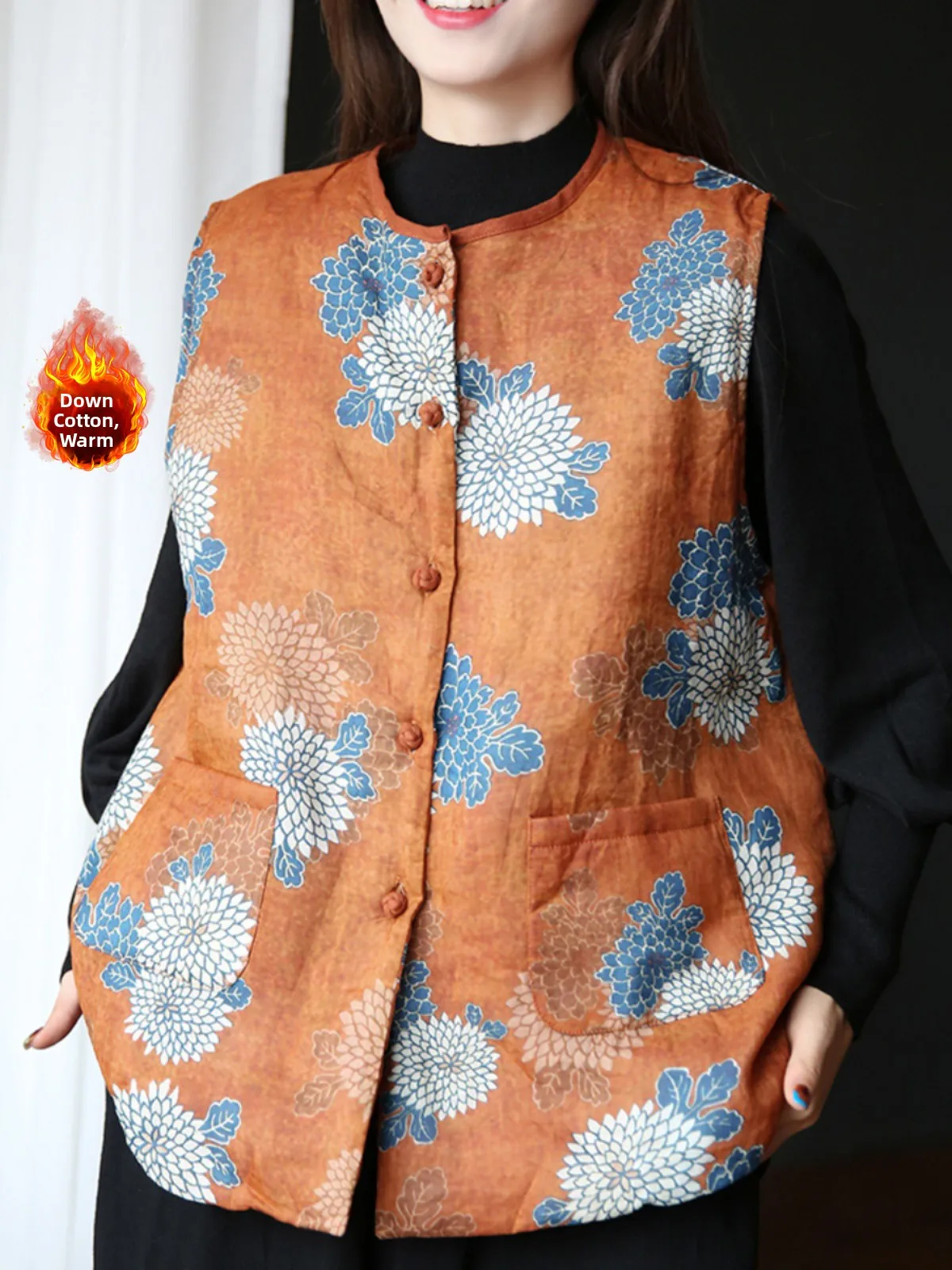 

Хлопковый жилет в стиле ретро с льняным принтом, женский свободный круглый жилет Ne с двойной подушечкой, антивозрастной хлопковый жилет