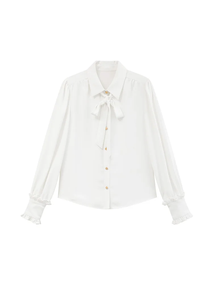 Elegant Vintage Chic Bow Tie Blouse Top French Style Long Sleeve Shirt with Ruffle Trim Slim Fit Casual Wear Women Spring Autumn