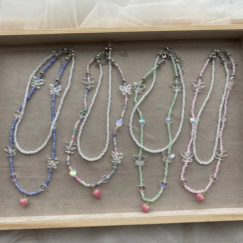 قلادة بحلية بسيطة للنساء ، فراولة ، فراولة ، فراشة ، فراشة ، لؤلؤ ملون ، سلسلة رقبة