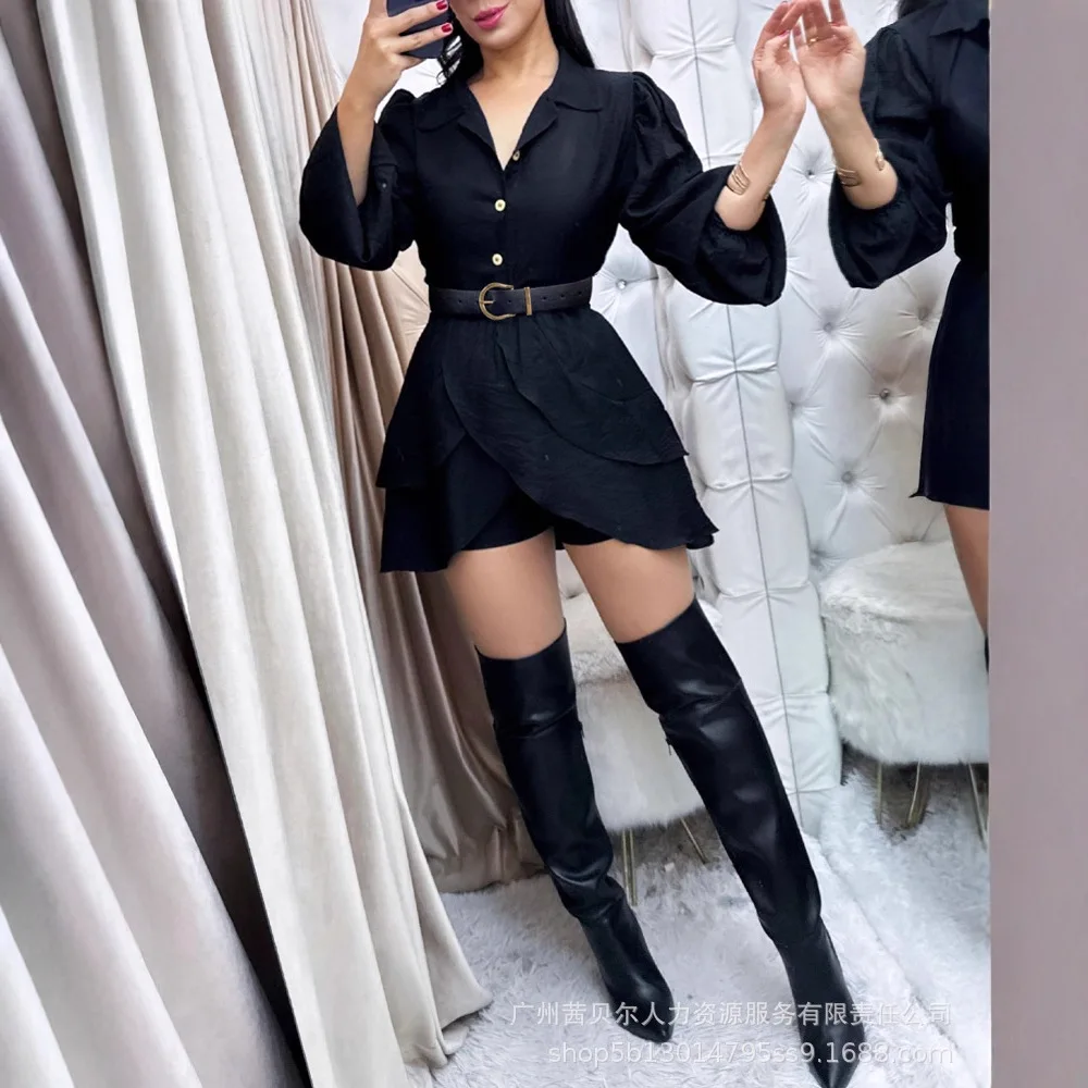 

Shorts Pant Set Women Two Piece Sets Turn Down Collar Full Sleeve Ruffles Tops Solid Short Pants High Waist Y2k Streetwear