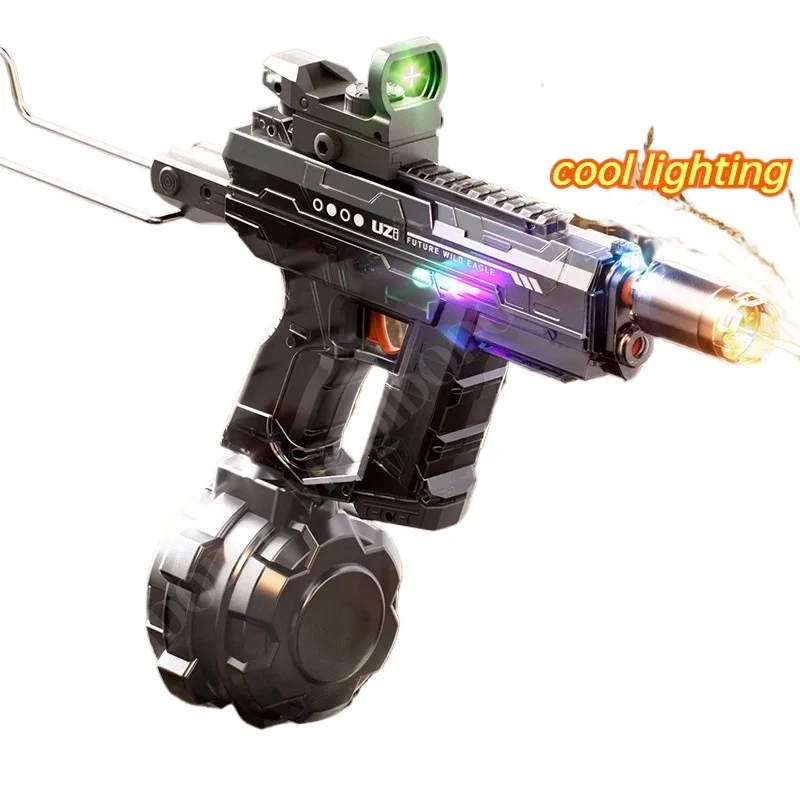 ปืนฉีดน้ำไฟฟ้า UZI Rapid Fire พร้อมไฟ LED  แบบอัตโนมัติ ของเล่นปืนฉีดน้ำสำหรับเด็กผู้ชาย เล่นสนุกกลางแจ้งและชายหาด