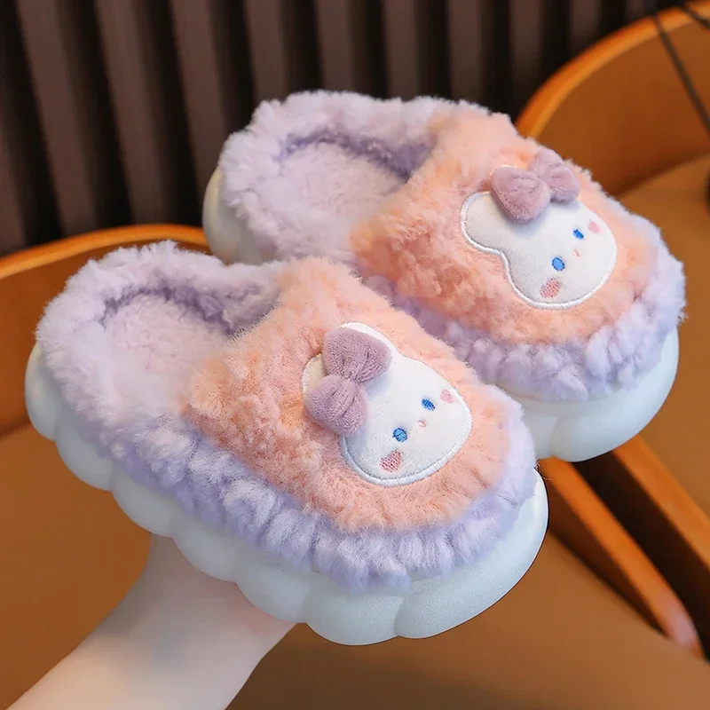 2024 New Winter Cute Rabbit Bear Cotton Flip Flops Children\'s Plush Slippers For Girls Boys Home Indoor Fluffy Mule Kids Shoes