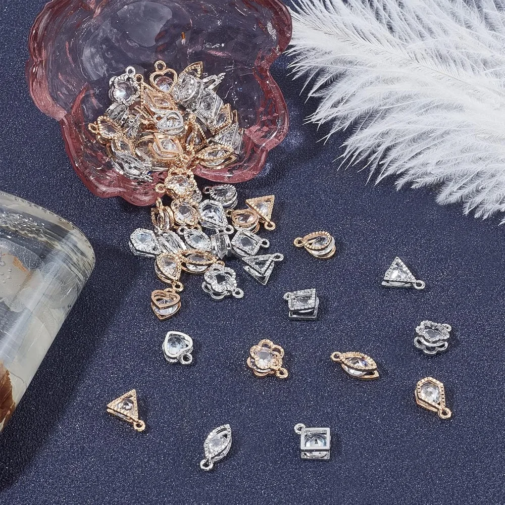 70pcs 7 Styles Zirconia Alloy Charms Golden Silver Heart/Flower/Horse Eye/Teardrop/Triangle Charms Sets for Earring Bracelet