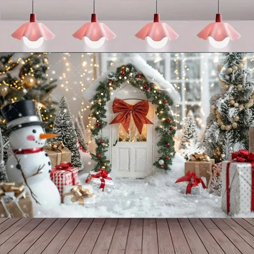 

Christmas Cute House Snowman Theme Backdrop, Winter Christmas Tree Family Party Children's Portrait Photography Studio Backdrop