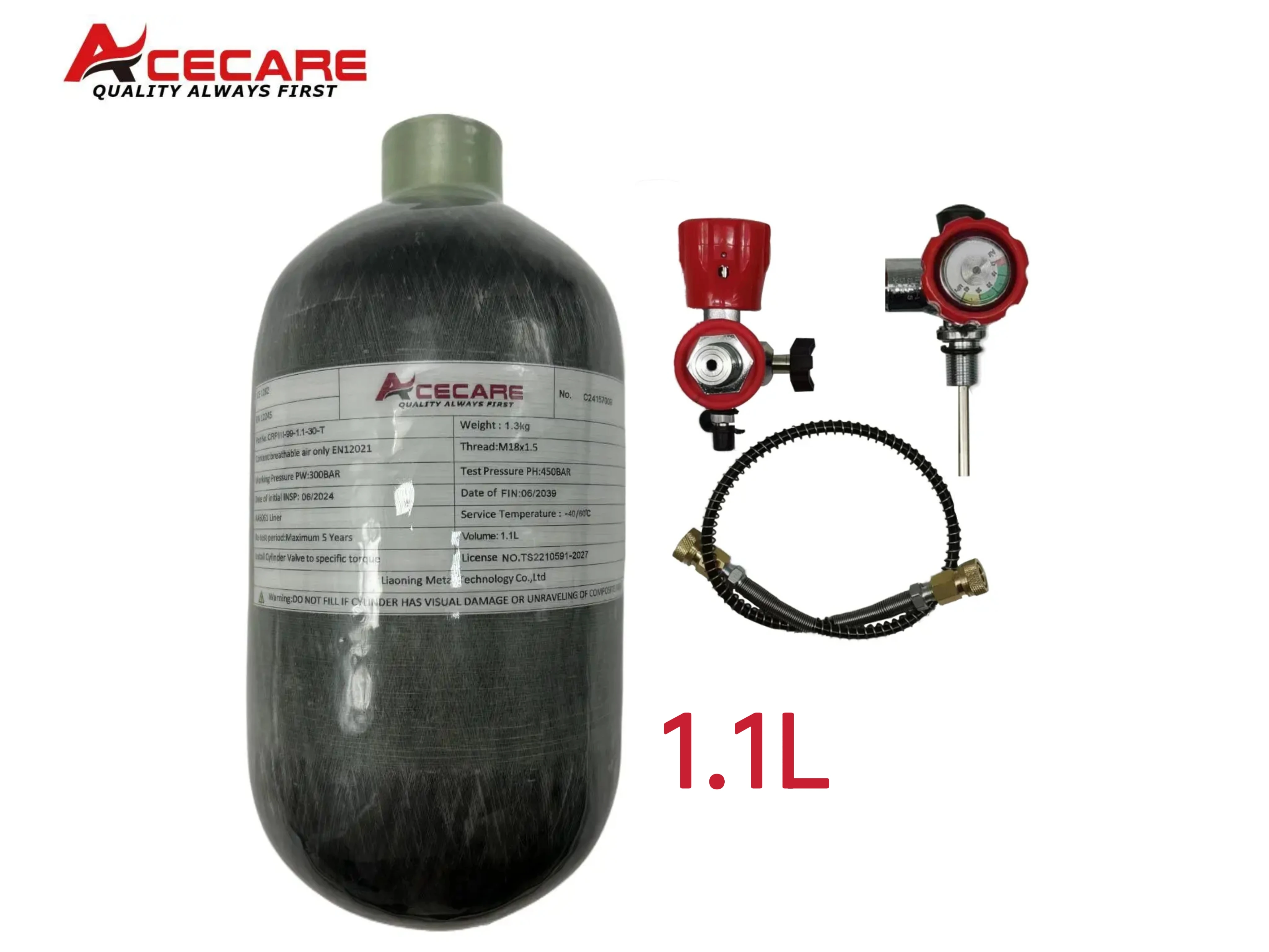 

ACECARE 4500Psi 300Bar 1.1L Carbon Fiber Cylinder High Pressure Air Tank Filling Station Charging Regulator Valve Diving M18*1.5