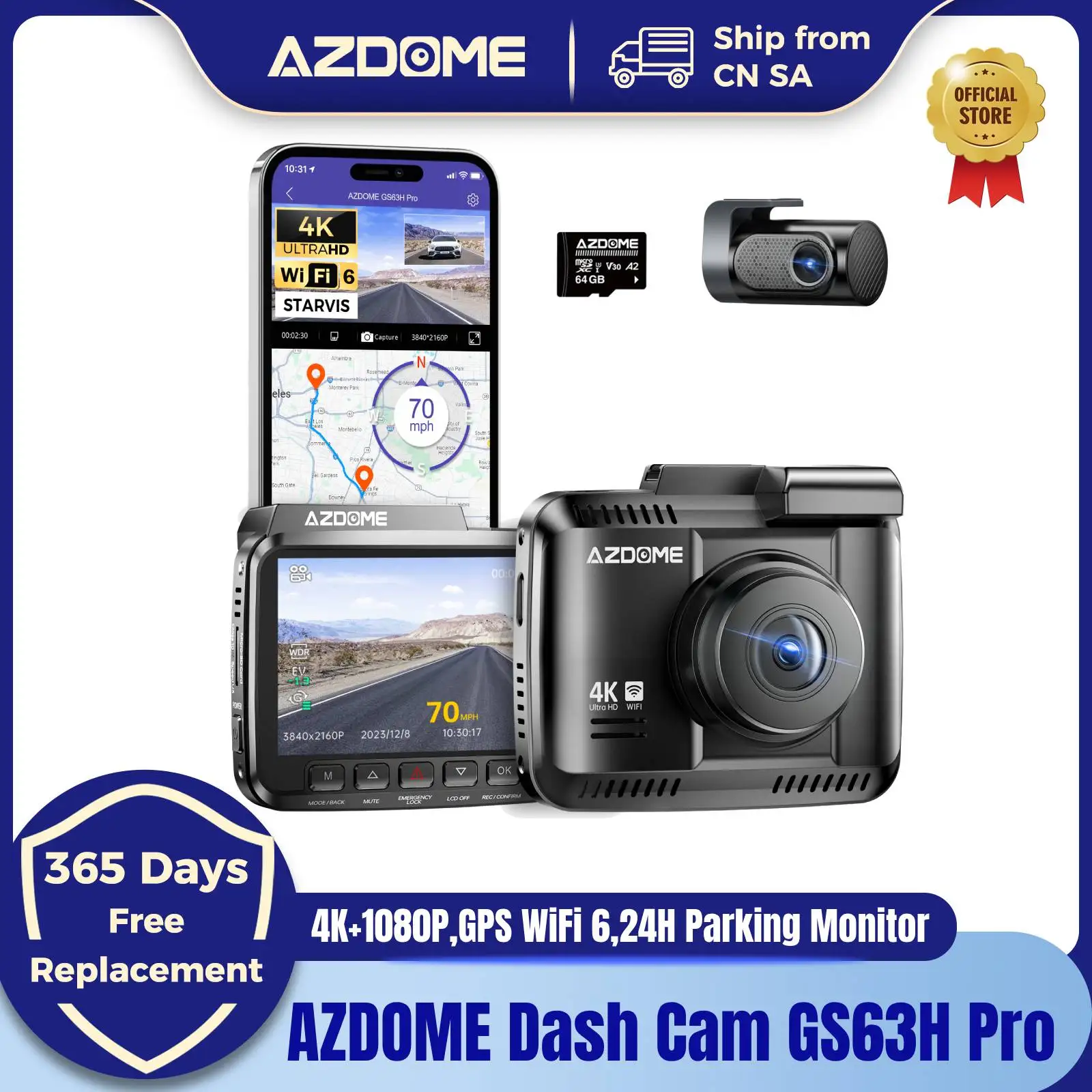 AZDOME Dash Cam GS63H Pro 4K+1080P Dual-channel Record 2.4'' IPS Screen GPS WiFi 6 APP 130° FOV Car DVR 24H Parking Monitor