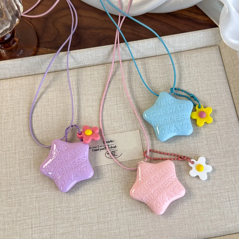 Colorful star letter makeup mirror, dopamine flower necklace, long neck hanging accessory, portable collarbone chain