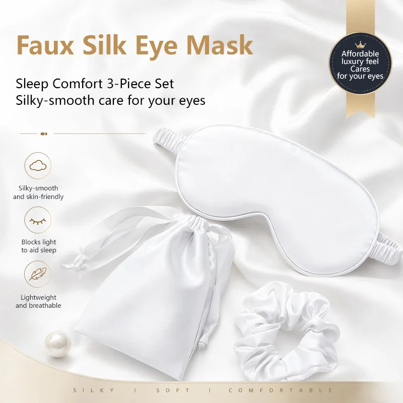 Silk Eye Mask 3Pcs Set Light Blocking No Pressure Sleeping Eye Cover Hair Protection Scrunchie Portable Storage Bag For Travel view 2