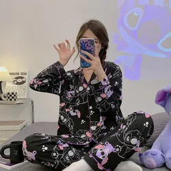 Disney Stitch Cartoon 2 Pcs Pajamas Sets for Women In Spring And Autumn, Long Sleeved And Sweet Pjs for Students Homewear Suit