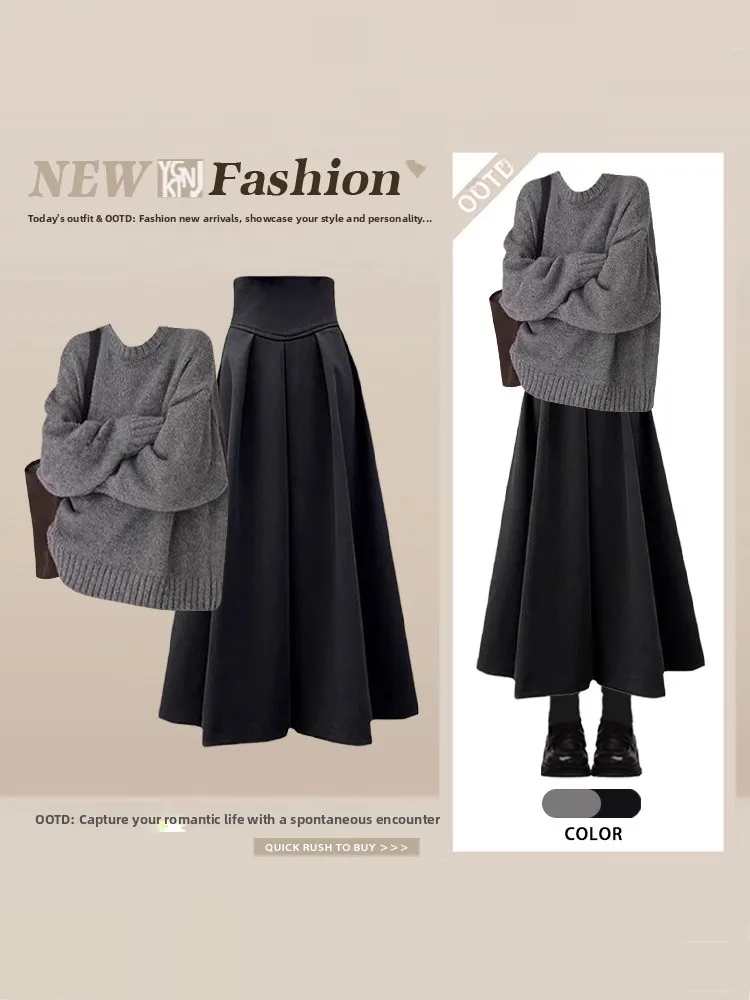 

mat Knitted ey Set Women's Loose Fit Long Sve Top And High Waist Skirt Two-Piece Suit Autumn Winter Faion Ensemble