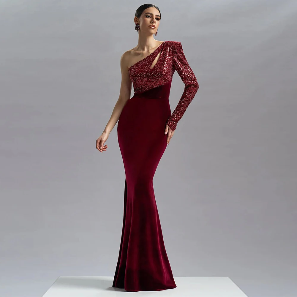 

Heavy Industry Women's Evening Gowns Burgundy Velour Sequined Beading Ruched Bespoke Occasion Gown Mermaid One-shoulder