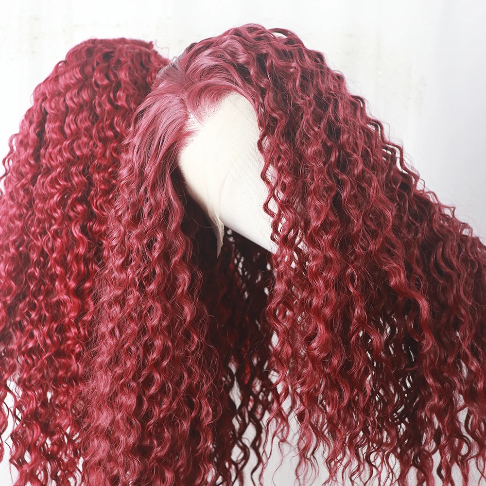 Perruque Lace Front Wig naturelle bouclée, 13*4, Deep Wave, ultraviolet, vin rouge, densité 180, synthétique, élégante, bouclée, réaliste, haute qualité, degré de chaleur