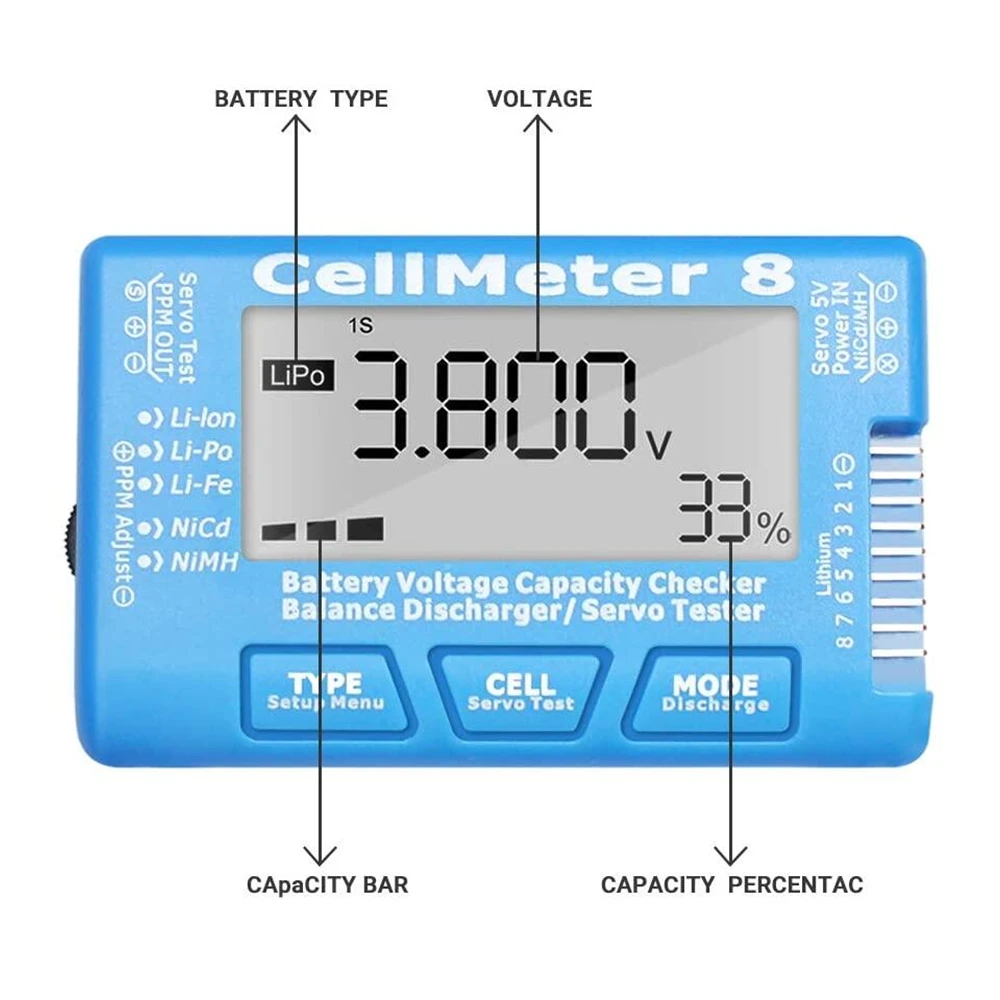 LCD Digital Battery Capacity Checker CellMeter RC CellMeter8 2-8S 4-8S Servo LiPo Li-lon NiMH Battery Tester RC CellMeter7