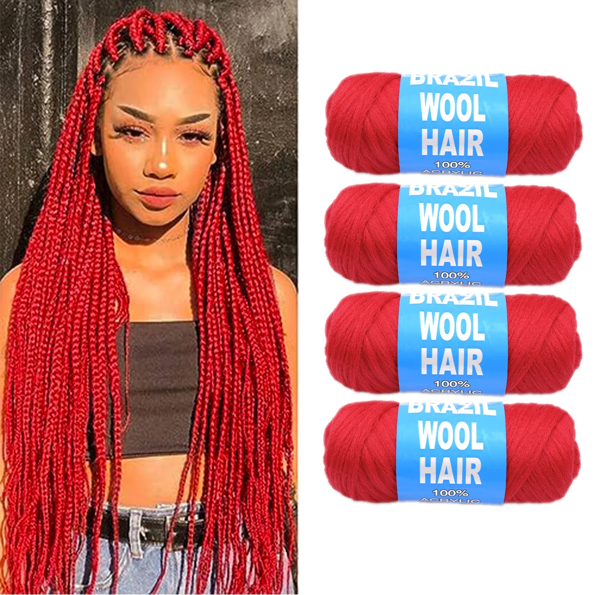 

4 Pack Brazilian Wool Hair Synthetic Crochet Hair Extensions for Women African Hair Yarn for Braiding Senegalese Twist Fake Hair