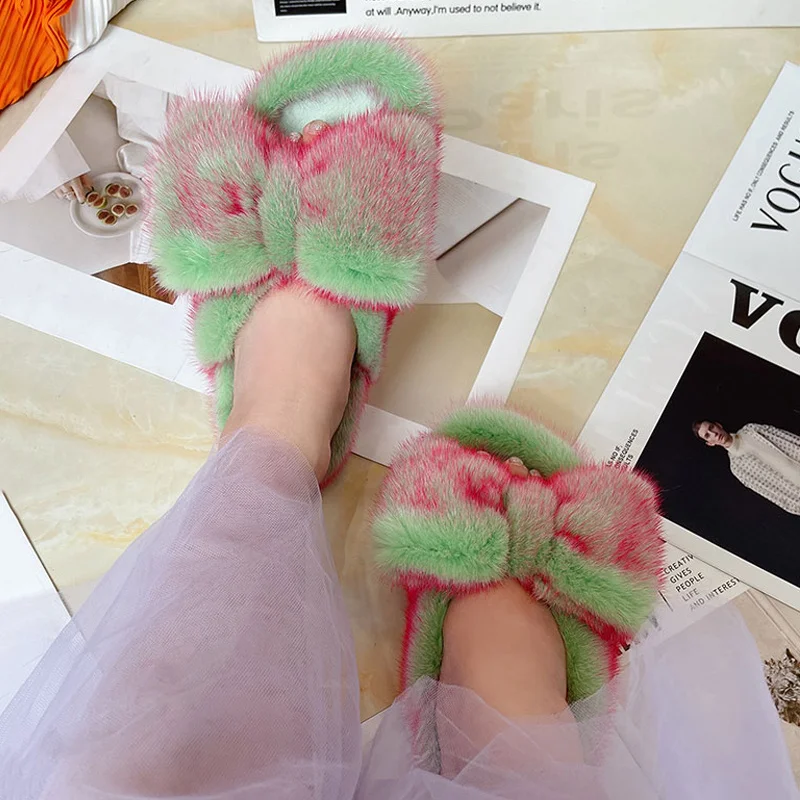 Fur Slippers Ladies Summer Fluffy Mink Fur Slippers 100% Mink Fur  Sandals Home Slippers Girls Outdoor Plush Flip Flops Slippers