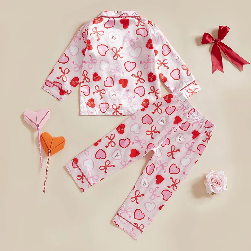 Kids Girl Two Piece Valentines Day Pajamas Set Silk Satin Hearts Long Sleeve Pjs Tops Pants Valentines Sleepwear 1-7Y