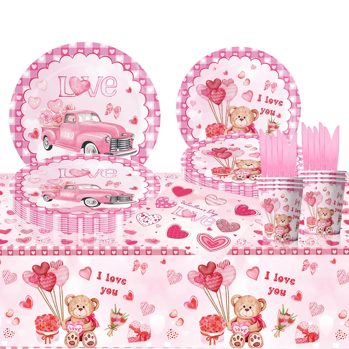 Valentine Day Pink Party Supplies Set Include Paper Plastic Spoons Forks Knives 9/7 Inch Disposable Dinner Dessert Plates