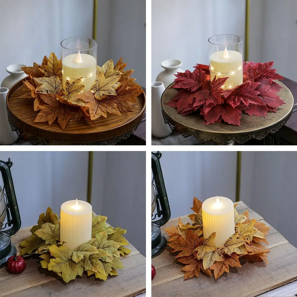 NEW High-end 2PC Fall Maple Leaf Candlestick Wreath Garland Halloween Decoration Decor Artificial Candle Party Thanksg E4E9