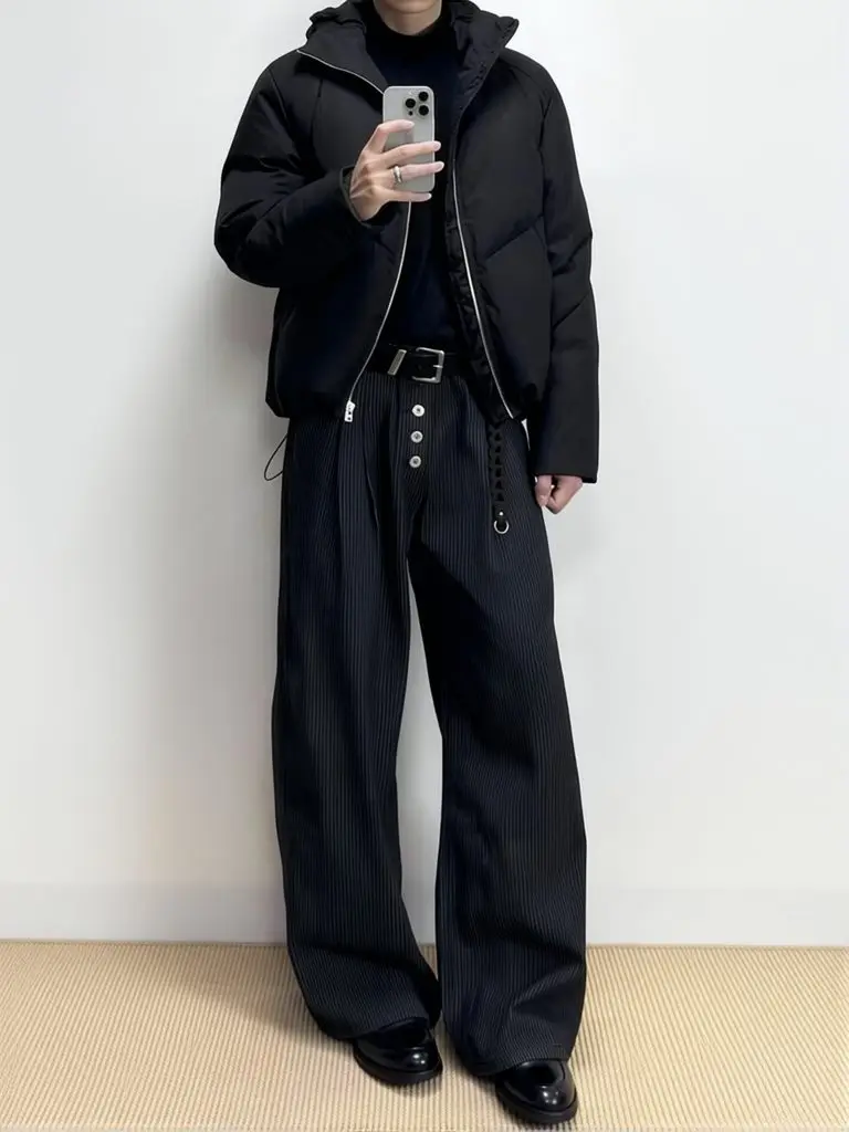 Old Money Men Wide Leg Suit Pants Casual High waist Button Dress Pants Fashion Streetwear Straight Long Trousers Work Wear