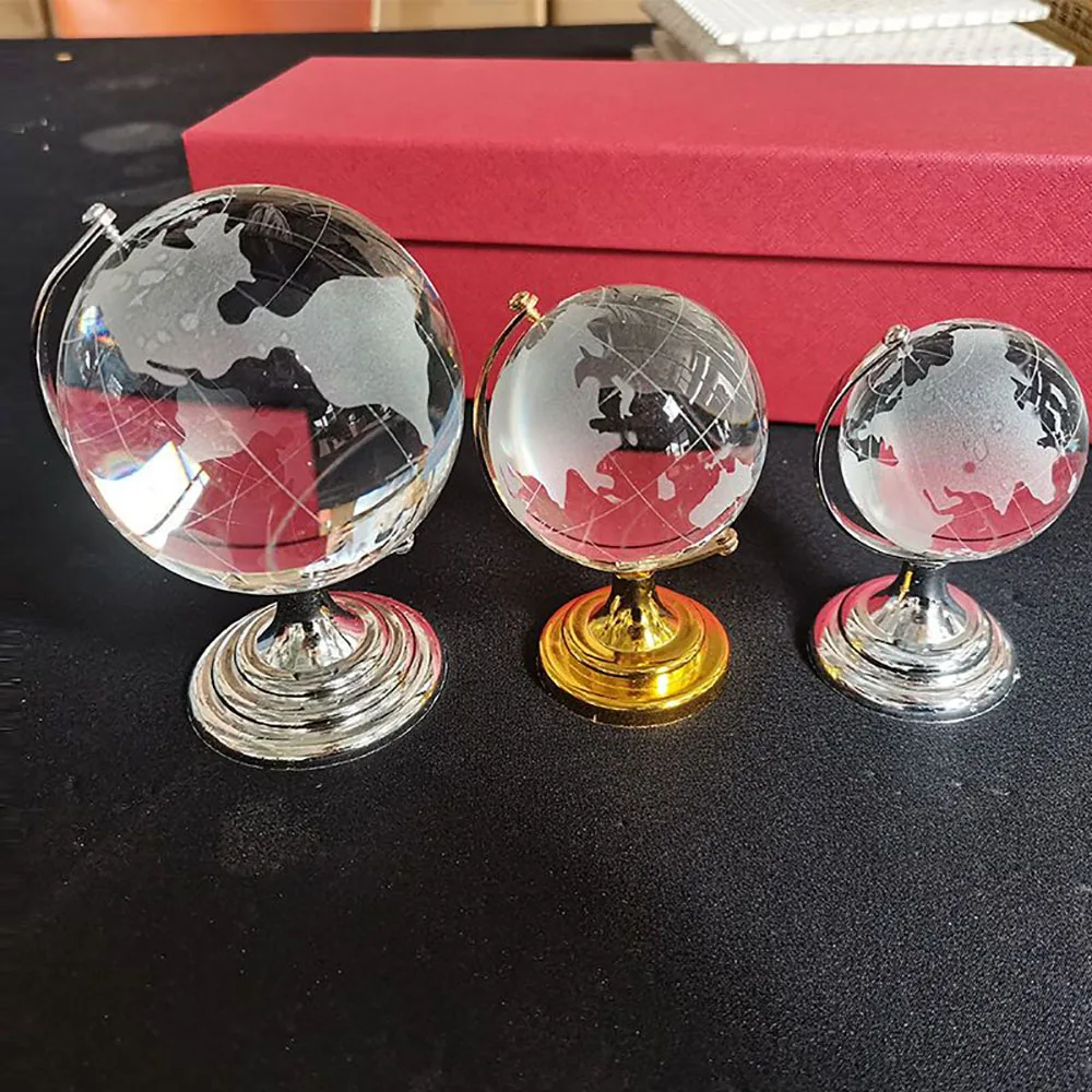 6/8cm Round Earth Globe World Map Crystal Glass Clear Ball Sphere Figurine With Metal Holder Home Decor Office Desktop Ornament