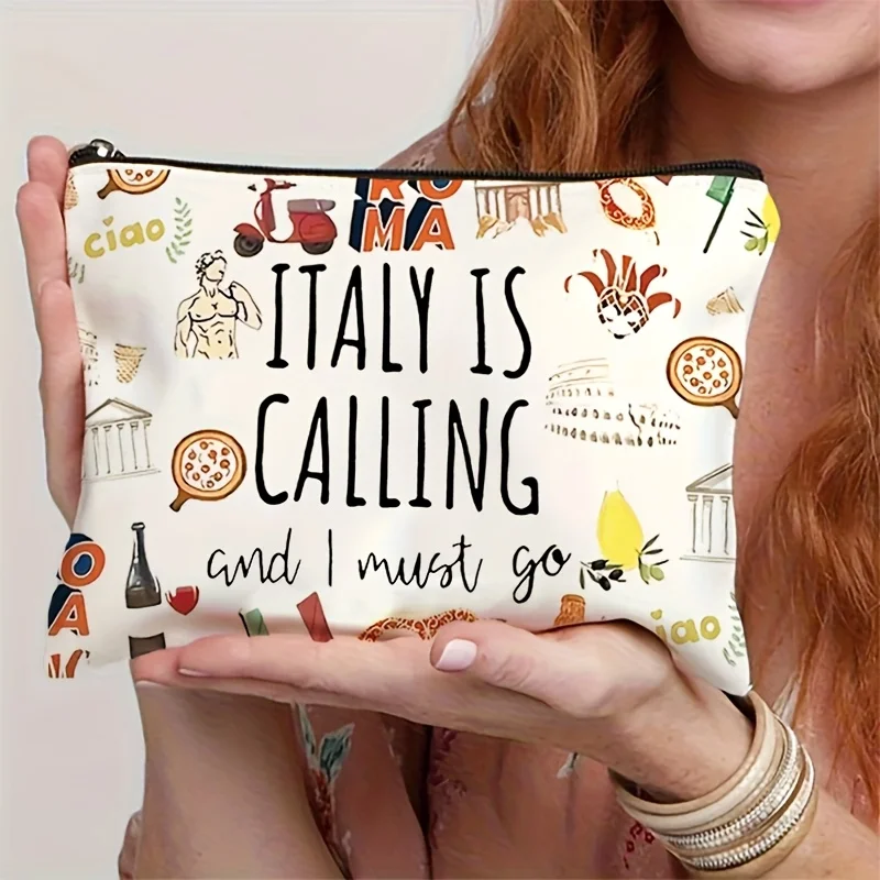 

"Italy is Calling, I Must Go" Large Capacity Makeup Bag Iconic Italian Souvenir Design Cosmetic Pouch Travel Accessory Bags