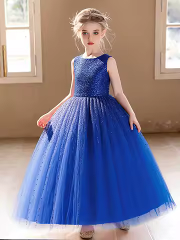Girl Big Children Blue Sequin High-End Dress Birthday Wedding Fluffy Veil Evening Dress Children's Dress