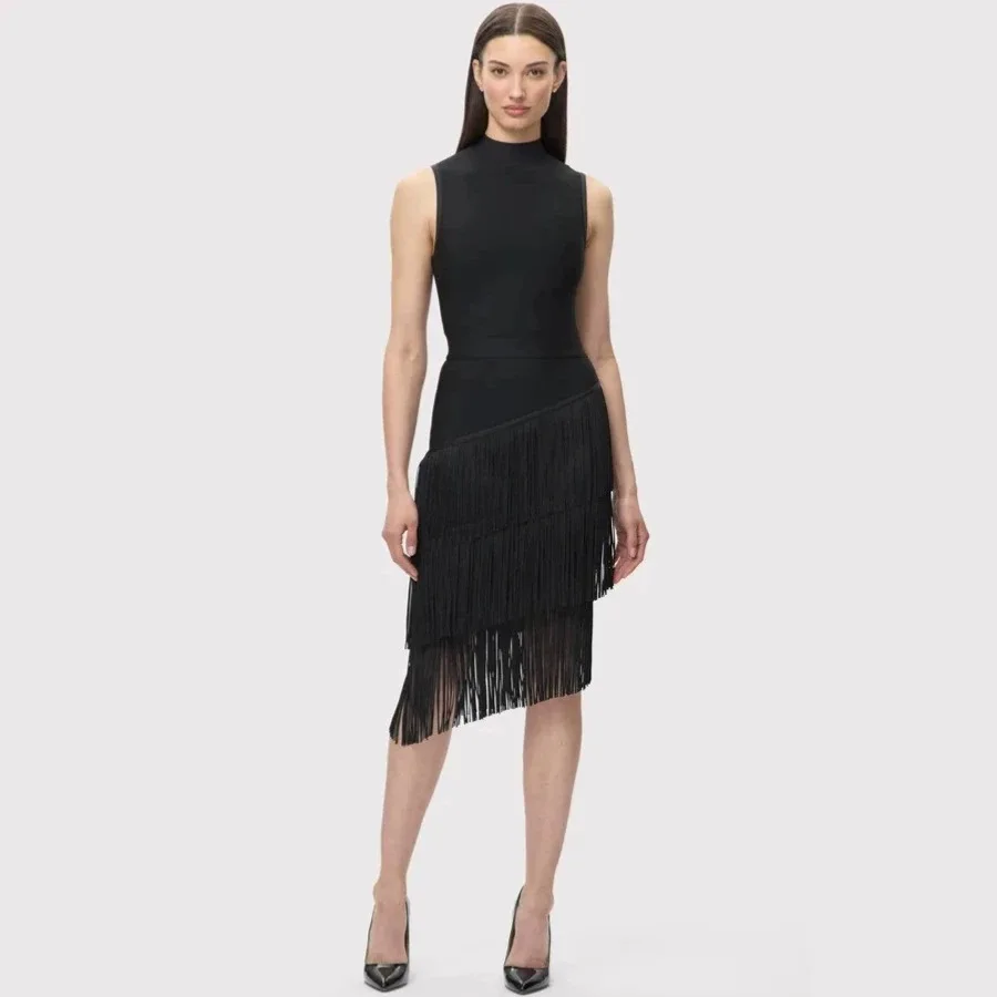 Fashionable Slimming Tassel High Neck Midi Dress Sleeveless High Waist Multi Layer Fringe Bodycon Bandage Party Cocktail Gowns