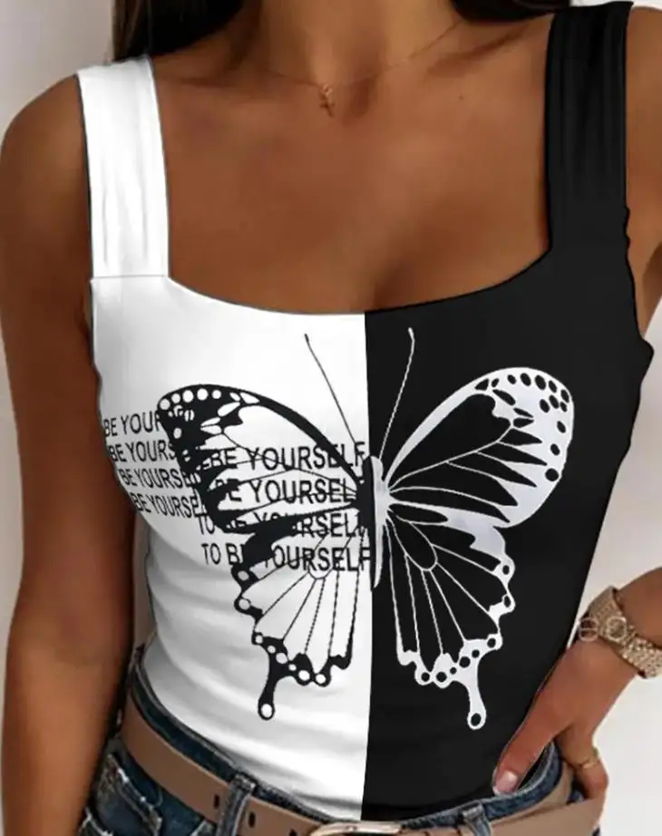 

Butterfly Letter Print Colorblock Tank Top