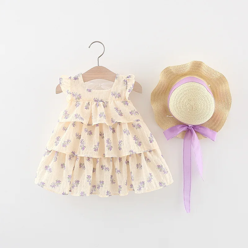 

Summer new girls pastoral floral dress baby sleeveless princess dress free hat