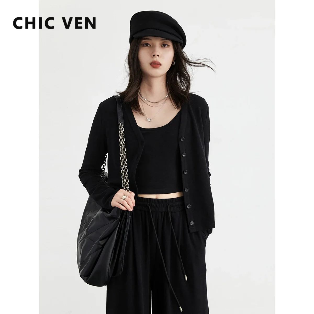 

CHIC VEN Women Cardigan Korean Solid Camisole Knitted Sweaters High Waisted Pants Fashion Sets Slim Spring Autumn New 2025
